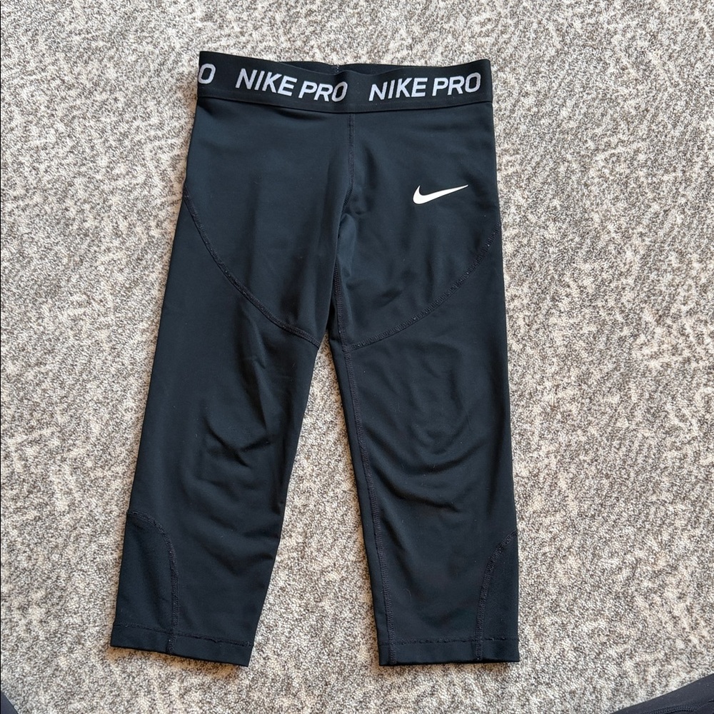 Nike Pro Kids Black Leggings with White Logo, S